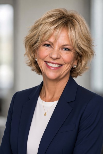 Amanda Gore, leadership speaker, smiling in a navy jacket