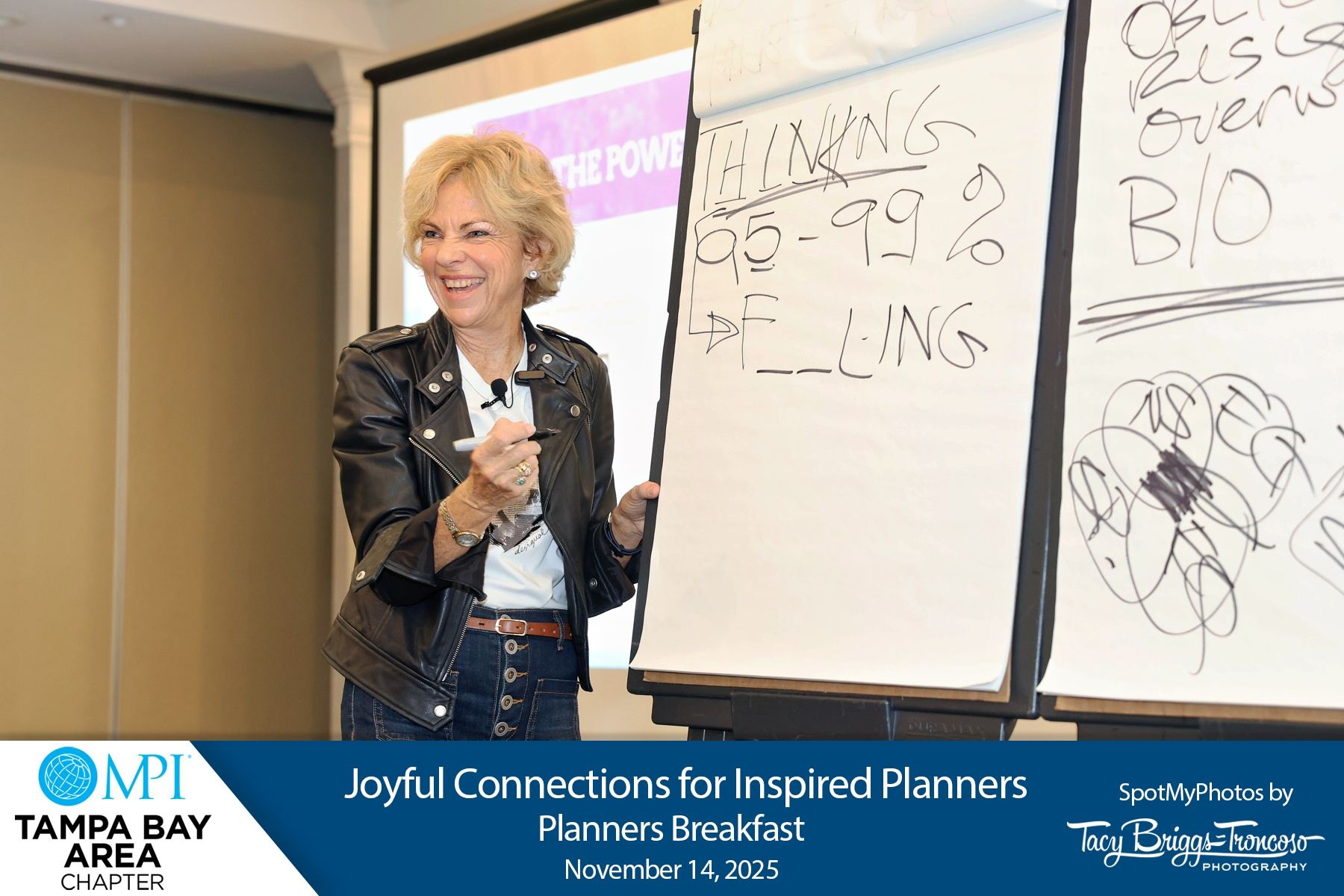 Amanda Gore, leadership keynote speaker, presenting at a flip chart at an MPI event