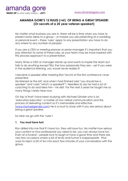 The cover of 12 Rules of Being a Great Speaker, a free download from Amanda Gore