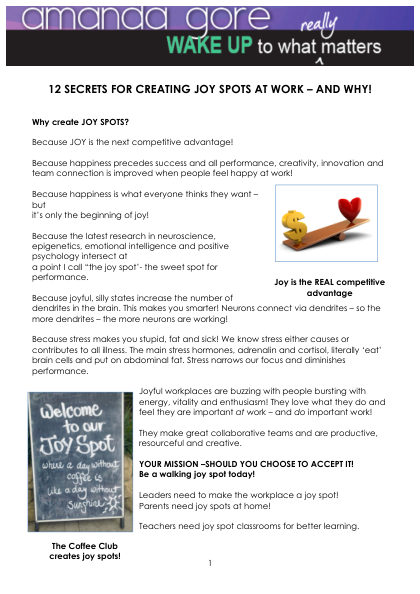 The cover of 12 Secrets Plus 3 for Creating Joy Spots at Work, a free download from Amanda Gore