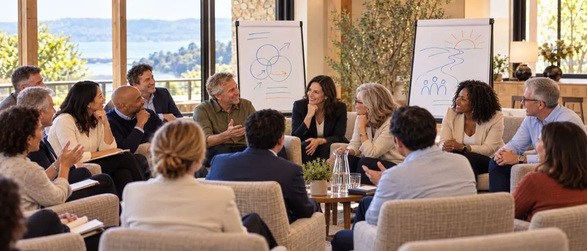 A senior leadership team in conversation at a retreat, with flip charts behind them