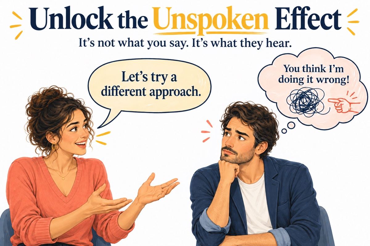 Unlock the Unspoken Effect. It’s not what you say. It’s what they hear. An illustration of a woman saying “Let’s try a different approach.” while the man listening thinks “You think I’m doing it wrong!”